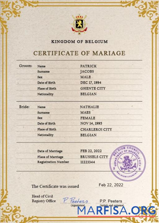 Blank Belgium marriage certificate PSD template